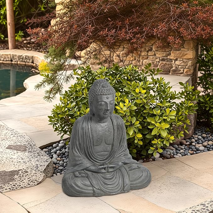 LuxenHome Buddha Statue Outdoor and Indoor, 17" Fiber Stone Meditating Buddha Garden Statues Outdoor, Zen Sculptures, Outdoor Statues for Garden, Patio, Backyard Deck