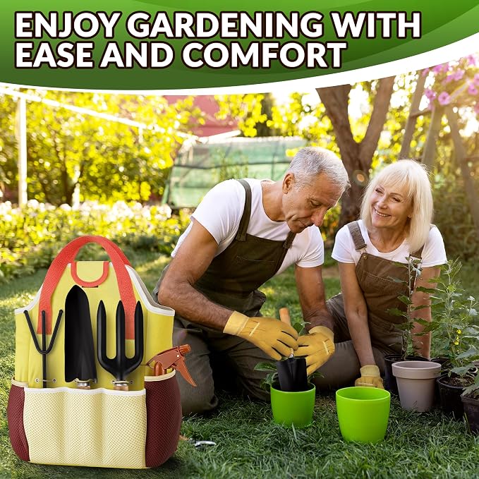 10 Pcs Gardening Tool Set for Women, Rust-Resistant Steel, Tote Bag | Garden Tools Set for Plant Care, Digging, Planting & Potting; Ergonomic Handles, Gloves & Spray Bottle; Gift for Plant Lovers