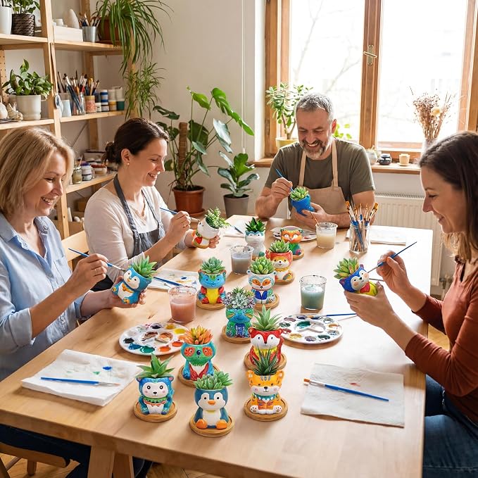 Hushee 12 Sets Ceramic Succulent Planters Paintable Succulent Plant Pots Small DIY Figurines Unpainted Pots with Drainage Hole Color Paints Paintbrushes Palettes