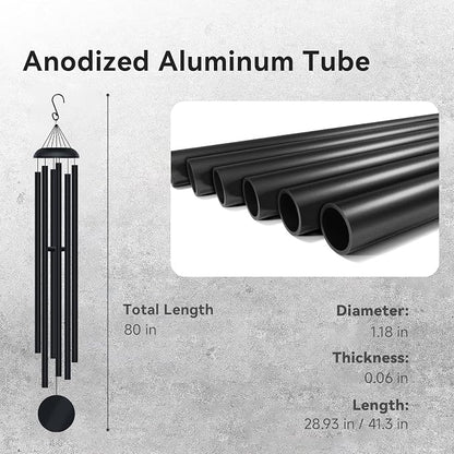 WindChimes Outdoors, 80 Inches Extra Large Deep Tone Metal WindChimes with 6 Thickened Aluminum Tubes, Wind Chimes for Outside, Memorial Wind Chimes Best Gift for Mom Grandma Women, Black