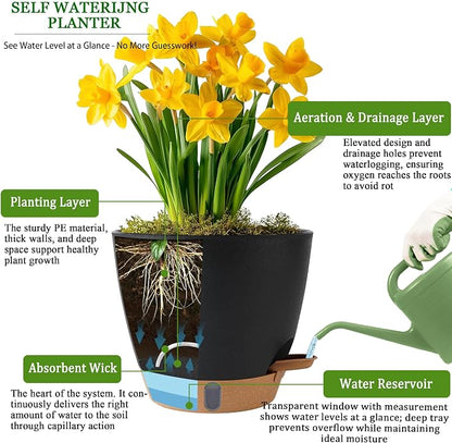 Self Watering Pots for Inoor Ourdoor Plants 10/9/8/7/6.5 Inch Plastic Planters with Drainage Holes & Water Level Indicator, Decorative House Flower Nursery Planting Pots with Saucers(Black)