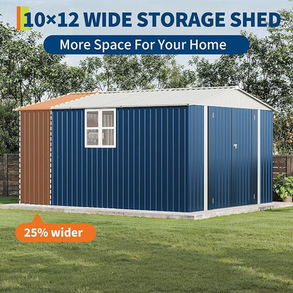 Garvee 10x12 FT Metal Storage Shed – Lockable Doors, Floor Frame, Blue | Spacious 10x12 interior – stores bikes, tools, and more.