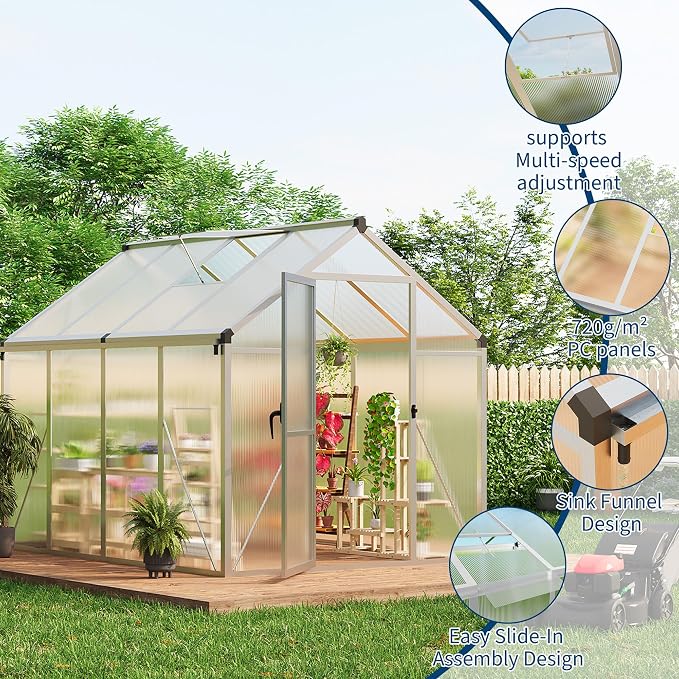 6x8 FT Greenhouse, Greenhouses for Outside, Polycarbonate Greenhouse with Aluminum Frame, Lockable Door and Ajustable Roof Vent for Backyard, Green Houses for Outside Garden Backyard, Patio