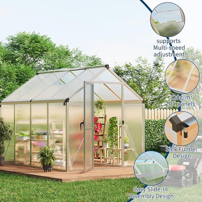 6x8 FT Greenhouse, Greenhouses for Outside, Polycarbonate Greenhouse with Aluminum Frame, Lockable Door and Ajustable Roof Vent for Backyard, Green Houses for Outside Garden Backyard, Patio