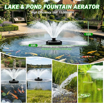 Pond Fountain Aerator, 1HP 750W Floating Fountain Aerator System for Outdoor Small Large Pond Lake, 110V 15000 GPH Fully Automatic Stainless Steel Fountain Pump with 100 Feet Power Cord