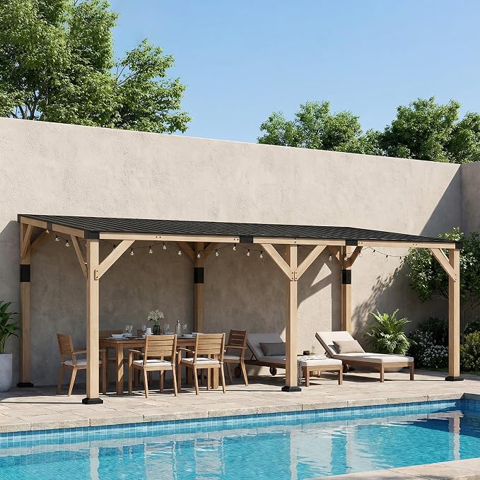 Outsunny 10' x 20' Wooden Gazebo, Hardtop Lean-to Gazebo Pergola with Galvanized Steel Sloped Roof, Large Heavy Duty Awning for Patio, Deck, Backyard, Light Walnut