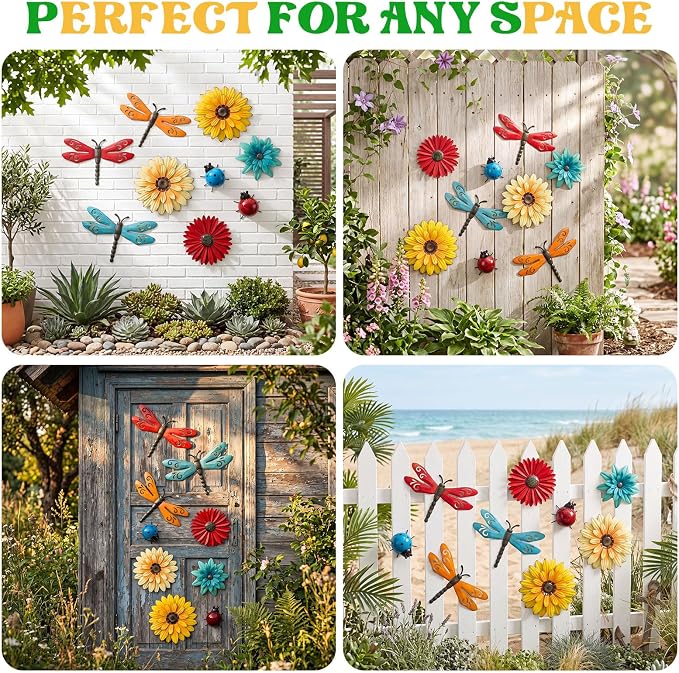 Therwen 9 Pcs Metal Wall Art Decor for Outside 3D Metal Sunflower Backyard Decorations Hanging Outdoor Wall Art Multicolored Flowers for Garden Fence Patio Yard Outdoor Porch