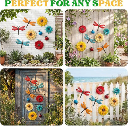 Therwen 9 Pcs Metal Wall Art Decor for Outside 3D Metal Sunflower Backyard Decorations Hanging Outdoor Wall Art Multicolored Flowers for Garden Fence Patio Yard Outdoor Porch