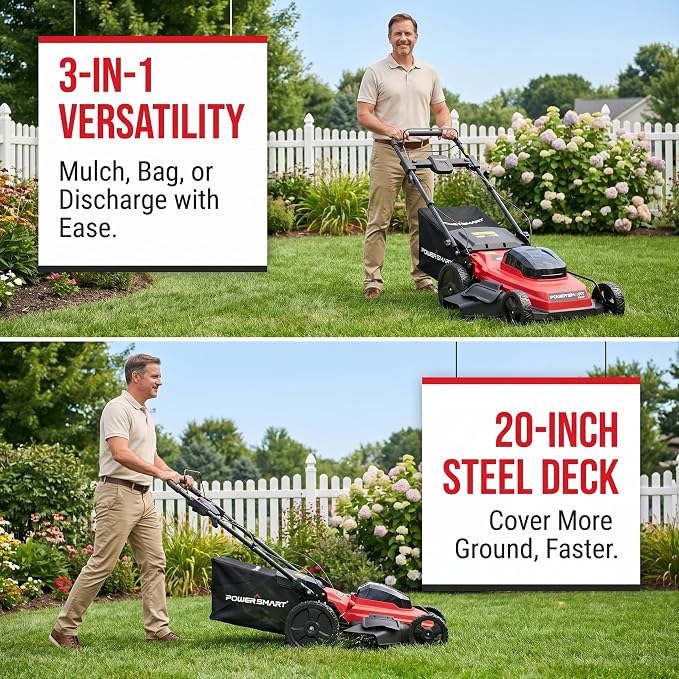 20" Self Propelled Cordless Lawn Mower,40V 2x4.0 Ah Battery Lawn Mower with Dual Battery Slots & Steel Deck, 3-in-1 Walk-Behind Mower (Bagging/Mulching), Space Saving Foldable