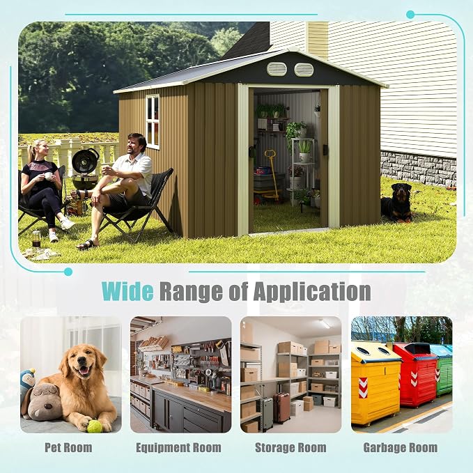 YOPTO 8x12 FT Outdoor Storage Shed, Metal Garden Shed with Window, Lockable Door & Sloped Roof, Large Waterproof Utility Tool Shed for Backyard, Garden, Patio, Lawn, Brown