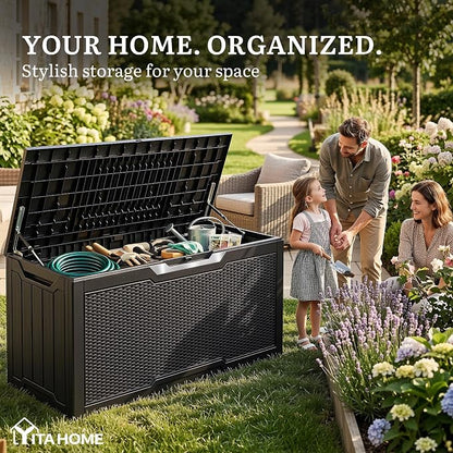YITAHOME 80 Gallon Outdoor Storage Box | Large Water Resistant Resin Deck Box w/Silver Decorative PVC Trim Panel, Lockable Rattan Storage Container for Patio, Garden