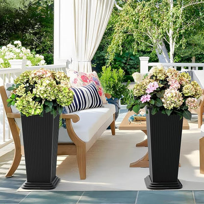 TUYOHW Set of 2 Large Tall Planter for Indoor or Outdoor 24" Flower Pots Tapered Tall Planters with Tray for Porch, Patio, Backyard, Large Planters for Outdoor Indoor Plants(Black,Striped)