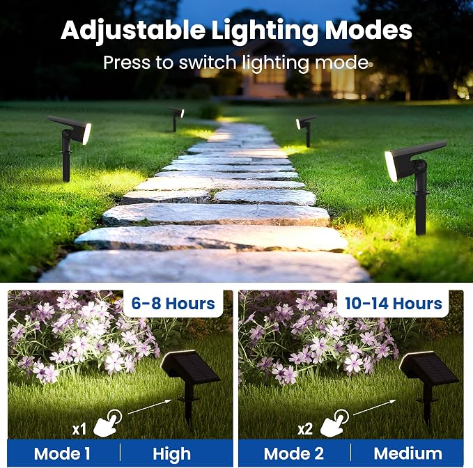 JEJOT Solar Lights Outdoor Waterproof IP65, Super Bright LED,Cool Light 2 Lighting Modes Selectable, Solar Powered Yard Garden Solar Spot Lights for Outside Landscape Auto On/Off -8 Pack