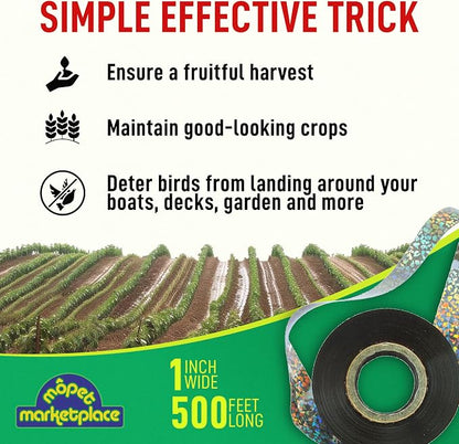 500 Ft Reflective Holographic Bird Tape – Visual and Sound Reflective Ribbon for Outdoor Use in Gardens, Orchards, Vineyards, Trees, and Boats
