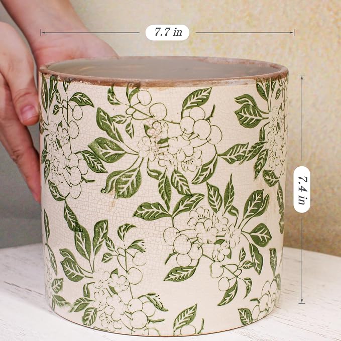 7.7 Inch Large French Farmhouse Ceramic Planter, Indoor Outdoor Home Decor | Decorative Pots with Drainage, Ideal for Medium & Large Plants and Trees, Great Housewarming Gift for Indoor Patio Garden