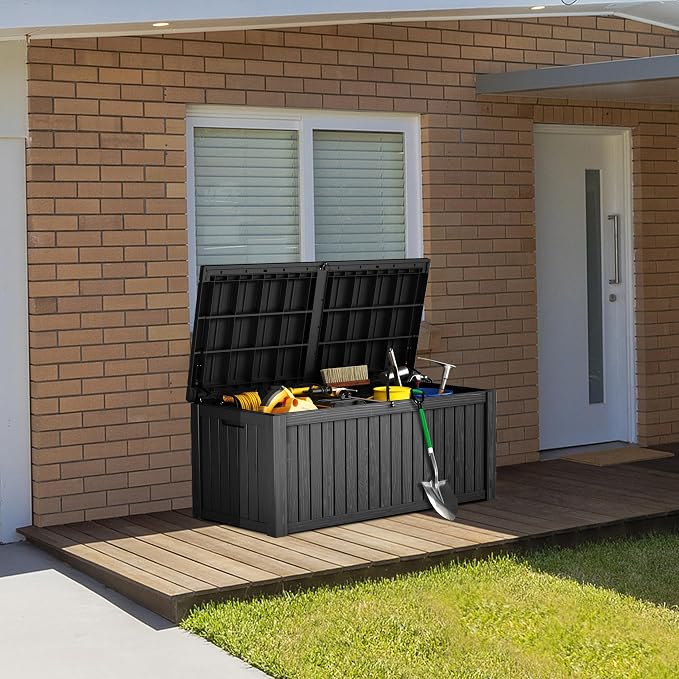Outdoor Storage Box, 180 Gallon Waterproof Deck Box, Piston-Lift Tall Standing Cabinet for Oversized Cushions, Lockable Deep Tool Organizer Storage Bench, Large Lawn, Black