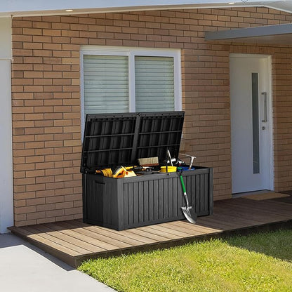 Outdoor Storage Box, 180 Gallon Waterproof Deck Box, Piston-Lift Tall Standing Cabinet for Oversized Cushions, Lockable Deep Tool Organizer Storage Bench, Large Lawn, Black