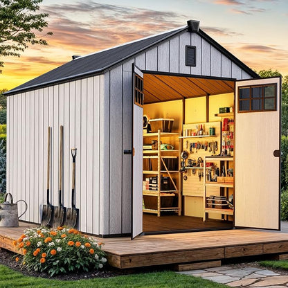 YITAHOME 8x10 FT Outdoor Storage Shed with Floor, Extra Thick Plastic Garden Shed for Bikes, Tools and Pool Supplies, Resin Storage Shed with Door, Window Insert & Vents for Patio Lawn Backyard, Gray