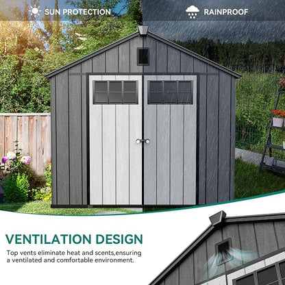 YITAHOME 8x10 FT Outdoor Storage Shed with Floor, Extra Thick Plastic Garden Shed for Bikes, Tools and Pool Supplies, Resin Storage Shed with Door Window Insert, Vents for Patio Backyard, Black