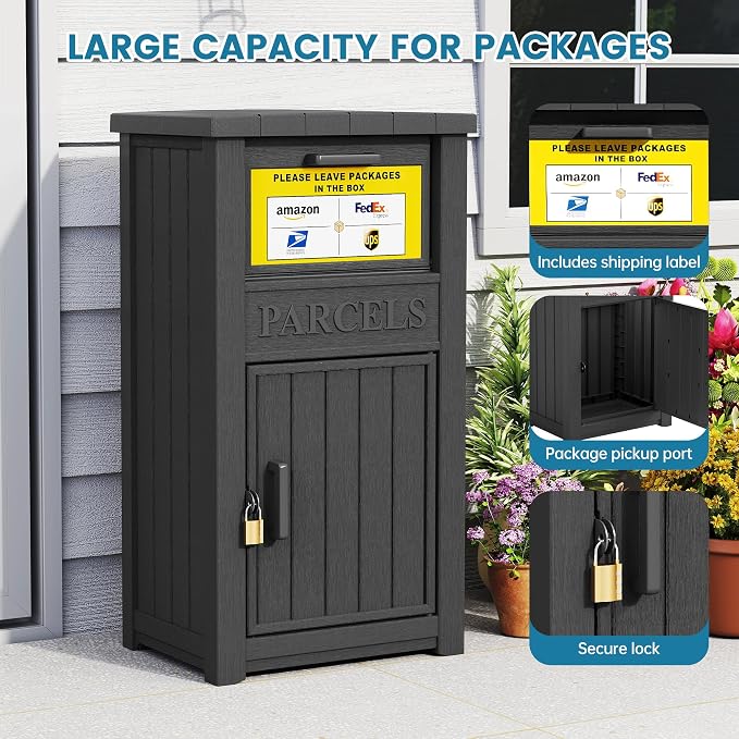 Package Delivery Box for Outside, Large Lockable & Weatherproof Anti-Theft Parcel Drop Box for Porch, Curbside, House Storage, Black(60 Gallon)