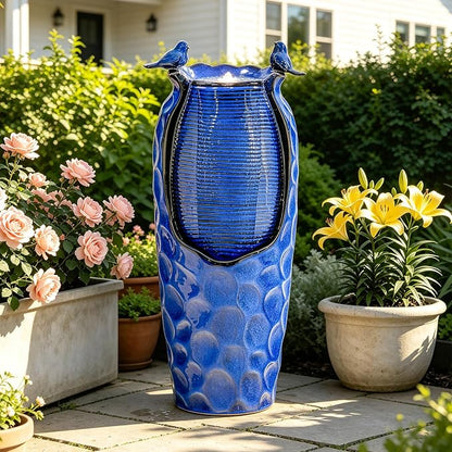 Autodaya 33" Vase Ceramic Outdoor Water Fountain with Lights and Birds | cobalt blue glazed water feature with textured design, ambient soothing cascading water flow for garden patio yard sanctuary