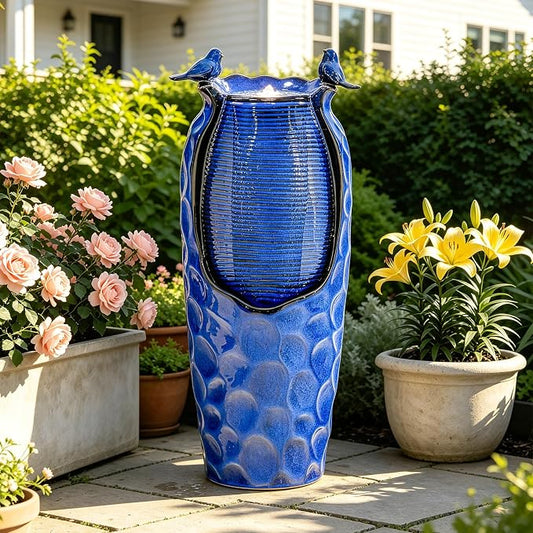 Autodaya 33" Vase Ceramic Outdoor Water Fountain with Lights and Birds | cobalt blue glazed water feature with textured design, ambient soothing cascading water flow for garden patio yard sanctuary