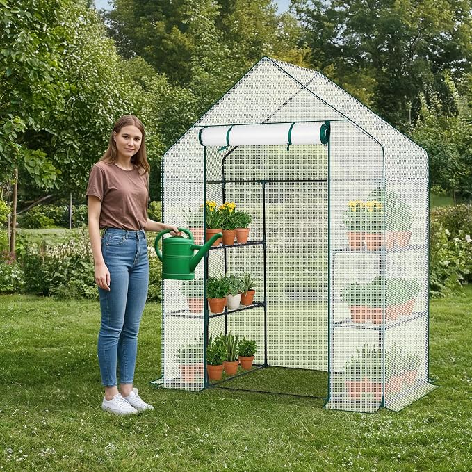Outvita Walk-in Greenhouse, Outdoor Durable PE Plant Green House for Frost Protection with 3 Tiers 4 Shelves, Shelf Clips, Roll-up Zipper Door, 56"x29"x77" White