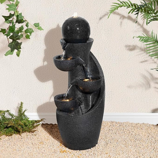 Glitzhome Outdoor Water Fountain with LED Light & Pump, Modern 5-Tier Bowl and Sphere Polyresin Outdoor Fountain, 33.5" Cascading Waterfall Fountain Water Feature for Porch Deck Patio Backyard Decor