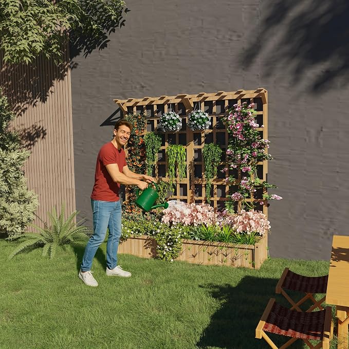 Two-Tier Wooden Planter Box with Trellis, Elevated Raised Garden Bed for Flowers and Vegetables, 1.4 Ft Deep Pot with Roof & Drainage