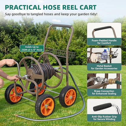 2026 Upgraded Hose Reel Cart with 10" NO-FLAT TIRES, Heavy Duty Industrial Tangle-Free Garden Water Hose Reel with Storage Basket, Holds 250 ft of 5/8" Hose, Heavy-Duty Steel Frame for Lawn Yard