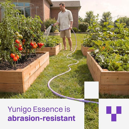 ESSENCE 5/8" 50ft Hybrid Purple Garden Hose – No-Kink Abrasion-Resistant with Durable Aluminum Fittings & Spray Nozzle, Ideal for Intensive Home & Garden Watering