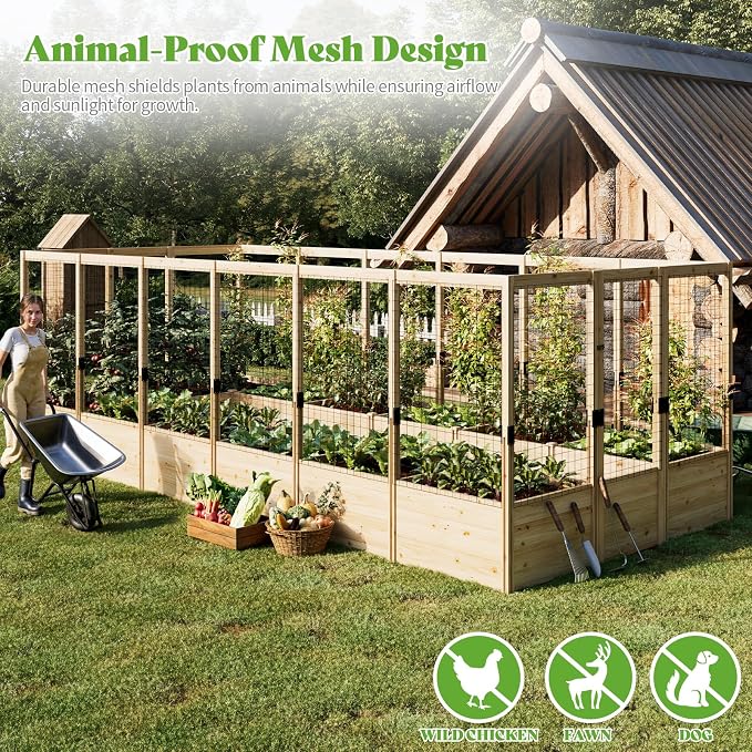 PaPaJet Wooden Raised Garden Bed for Outdoor, Deep Large Planter Box with Netting for Gardening, Vegetables, Flowers, Herbs（7.5× 17.7× 5.9FT）