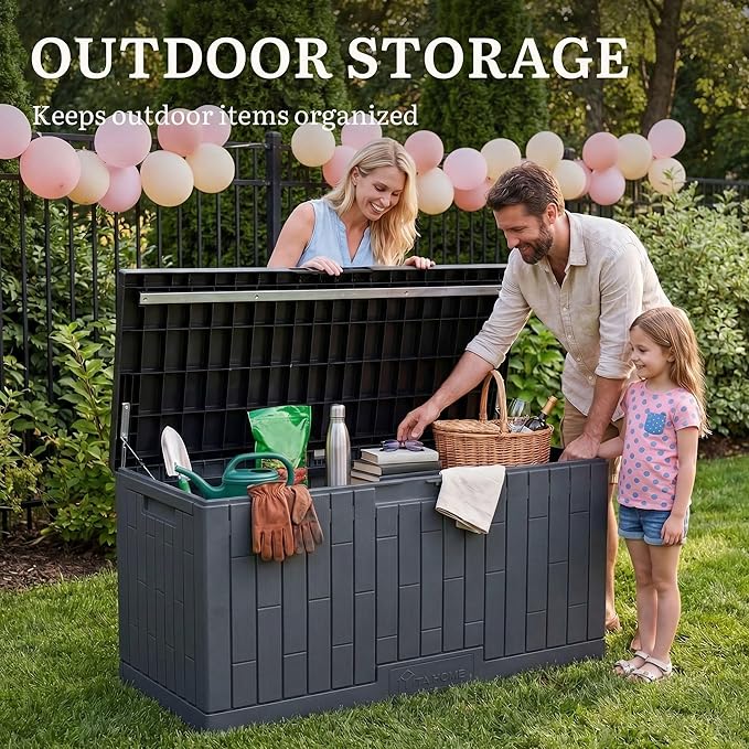 YITAHOME Large Deck Box 120 Gallon Resin Outdoor Storage Box | Patio Storage Bin Bench Seat for Outdoor Pillows, Garden Tools and Pool Supplies, Waterproof Lockable, Dark Gray