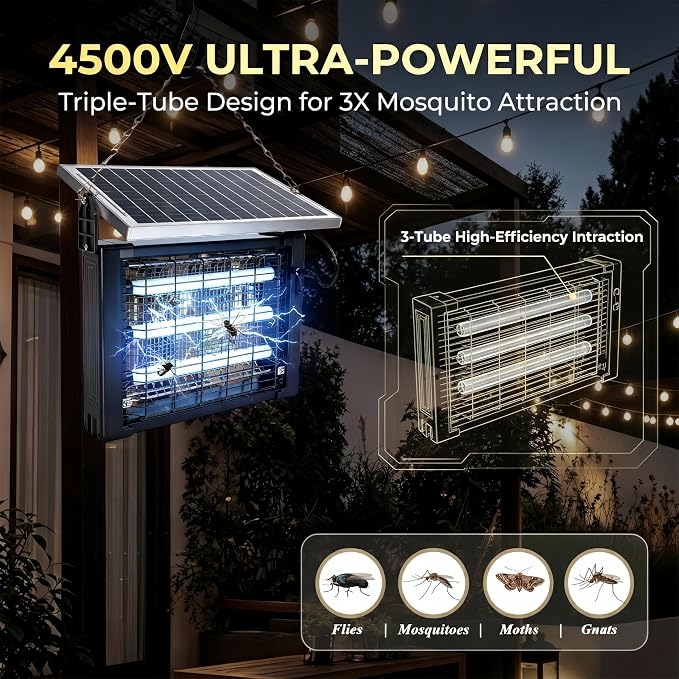 Solar Bug Zapper Outdoor, Waterproof High Powered 4500v, Electric Mosquito Killer Rechargeable Mosquito Zapper Fly Trap for Terrace Garden Backyard, Patio Rv Camping Pond Pest Control
