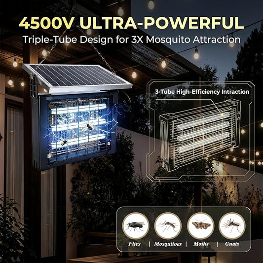 Solar Bug Zapper Outdoor, Waterproof High Powered 4500v, Electric Mosquito Killer Rechargeable Mosquito Zapper Fly Trap for Terrace Garden Backyard, Patio Rv Camping Pond Pest Control