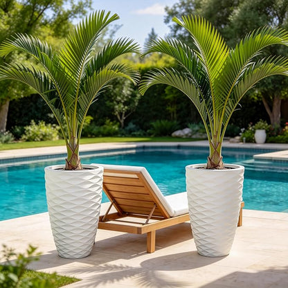 2-Pack 19" White Resin Tall Outdoor Planters with Wave Texture | High-density resin planters with Nordic wave texture, drainage holes, and weather-resistant finish for porch or patio