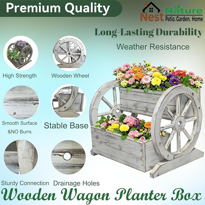 NestNature Wooden Wagon Planter Box|Raised Garden Bed W/Wheels for Plants | 2 Tier Classic Rustic Flower Pot Use Indoor&Outdoor Decor On Patio,Porch,Garden-Outdoor Planter For Flowers,Herbs,Vegetables