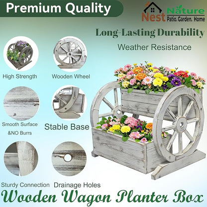 NestNature Wooden Wagon Planter Box|Raised Garden Bed W/Wheels for Plants | 2 Tier Classic Rustic Flower Pot Use Indoor&Outdoor Decor On Patio,Porch,Garden-Outdoor Planter For Flowers,Herbs,Vegetables