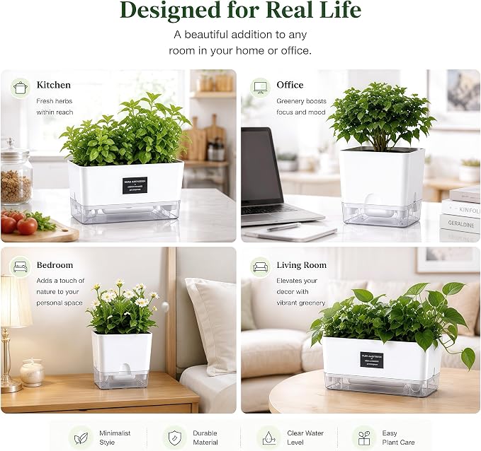 FAMZ Self Watering Pots for Indoor Plants 4 Pack White Self Watering Planters with Water Reservoir and Cotton Wick System, Bottom Watering Plant Pots for African Violet Herbs Small Indoor Plants