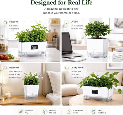 FAMZ Self Watering Pots for Indoor Plants 4 Pack White Self Watering Planters with Water Reservoir and Cotton Wick System, Bottom Watering Plant Pots for African Violet Herbs Small Indoor Plants