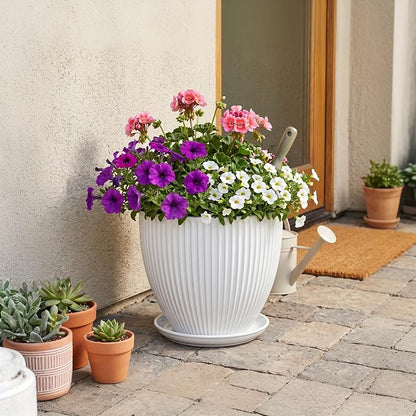 10 Inch Planter, Ceramic Plant Pots with Drainage Hole and Saucer, Modern Large Planters for Indoor Plants, Round Planter, Decorative Flower Pots, Living Room Decor, Gifts for Men Women, White