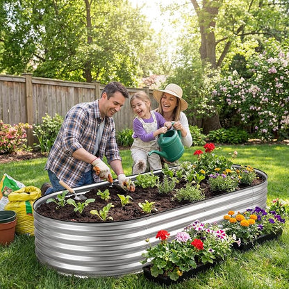 DUMOS Galvanized Raised Garden Bed, 8x4x1ft Outdoor Metal Planter Box, Heavy-Duty Planter Raised Bed for Vegetables Herbs Flowers, Oval Rustproof Flower Beds for Backyard Patio, Open Bottom