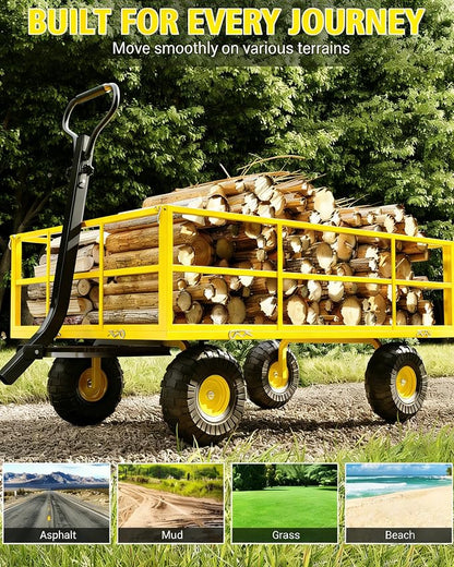 Garvee Steel Garden Cart, 1200 LBS Capacity Utility Outdoor Wagon, Heavy Duty Mesh Garden Wagon with Removable Sides, 2-in-1 Handle, 13" Tires for Yard, Lawn, Garden