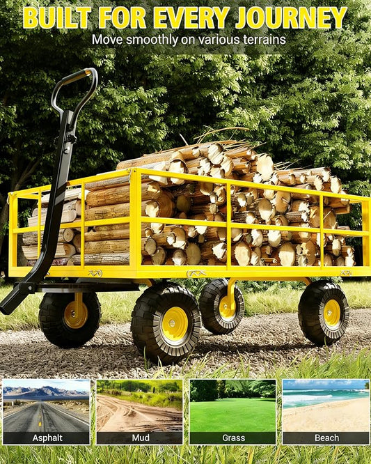 Garvee Steel Garden Cart, 1200 LBS Capacity Utility Outdoor Wagon, Heavy Duty Mesh Garden Wagon with Removable Sides, 2-in-1 Handle, 13" Tires for Yard, Lawn, Garden