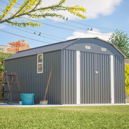 YOPTO 10×12 FT Outdoor Storage Shed,Heavy-Duty Metal Shed with Floor Base,All Weather Waterproof Tool Shed W/Diamond Roof & Windows,Lockable Double Door & 4 Air Vents,for Backyard,Patio,Lawn,Gray