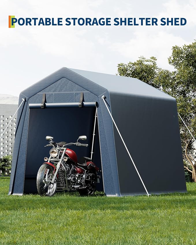 GarveeLife 6x8 FT Outdoor Storage Shed, Portable Carport with Roll-up Ventilated Zipper Door and Windows, Heavy Duty Waterproof Tarp, Storage Sheds for Motorcycle, Bike, Firewood, Garden Tools