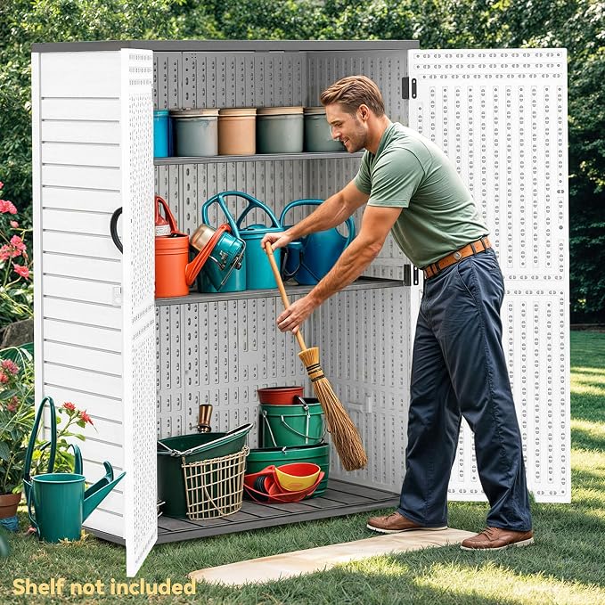 DWVO 59 Cu. Ft. Vertical Storage Shed, Weatherproof Outdoor Tall Cabinet with Double-Wall Panels and Floor, Lockable Resin Shed for Garden, Garage, Patio, Light Gray (Shelves Not Included)