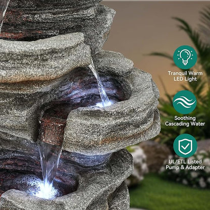 Extra-Large Rock Outdoor Water Fountain with LED Lights | 6-Tier Cascading Waterfall for Garden Patio Porch, Weather-Resistant Polyresin Water Feature for Tranquil Oasis
