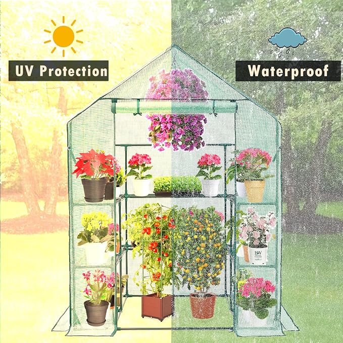 Purlyu Walk-in Greenhouse for Outdoors, Thickened PE Cover & Heavy Duty Powder-Coated Steel, Mesh Door & Screen Windows, 14 Sturdy Shelves 4.7x4.7x6.4 FT, (GHW002G)