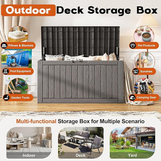 Outdoor Storage Deck Boxes Waterproof, Waterproof and UV Resistant Outdoor Storage Box Lockable Lid for Delivery Box, Indoor, Garden Tools, Pool Supplies, Patio (Grey, 120 Gallon)
